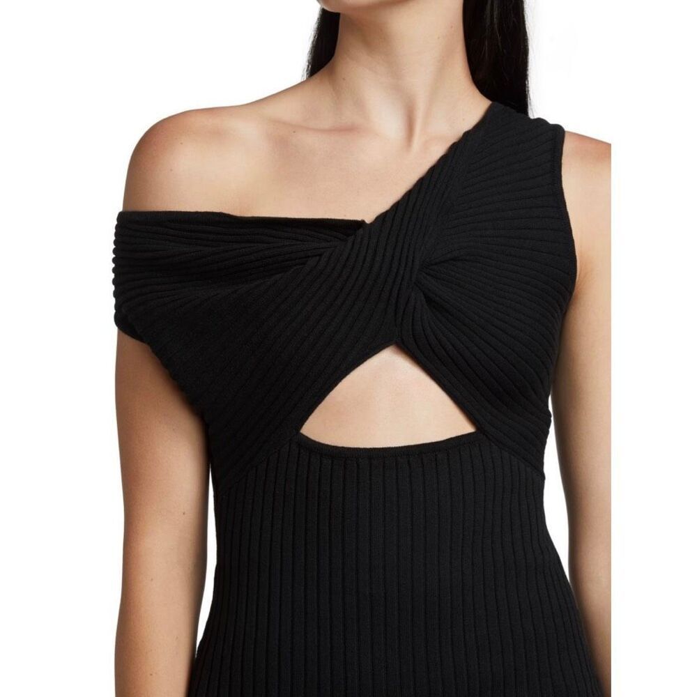 Anna Quan Zali Dress 10 Black Ribbed Knit One Shoulder Cutout Mini Bodycon NWT - Picture 4 of 13
